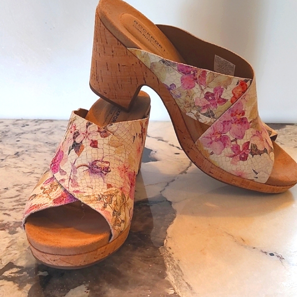 Rockport Size 10 Cobb Hill Collection Pink and Cream Floral Mules with Cork Sole